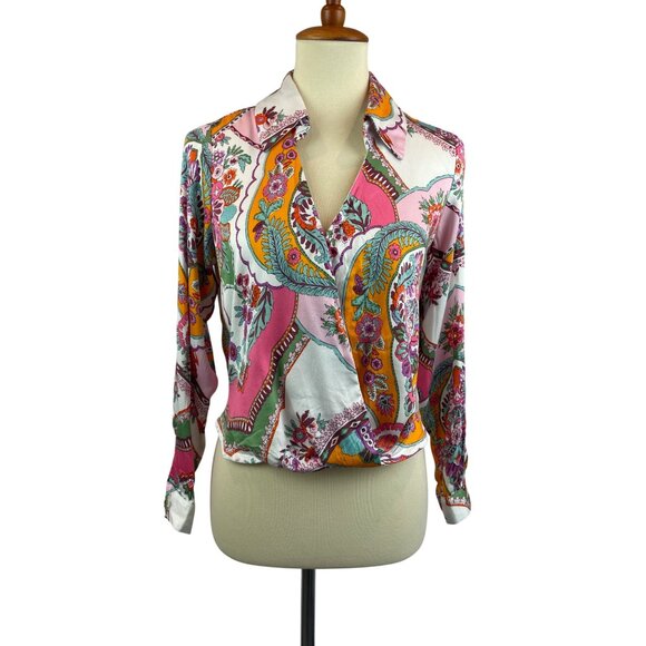 Rachel Zoe Tops - Rachel Zoe Wrap Top Womens XS Boho Long Sleeve Floral Colorful Pink Green